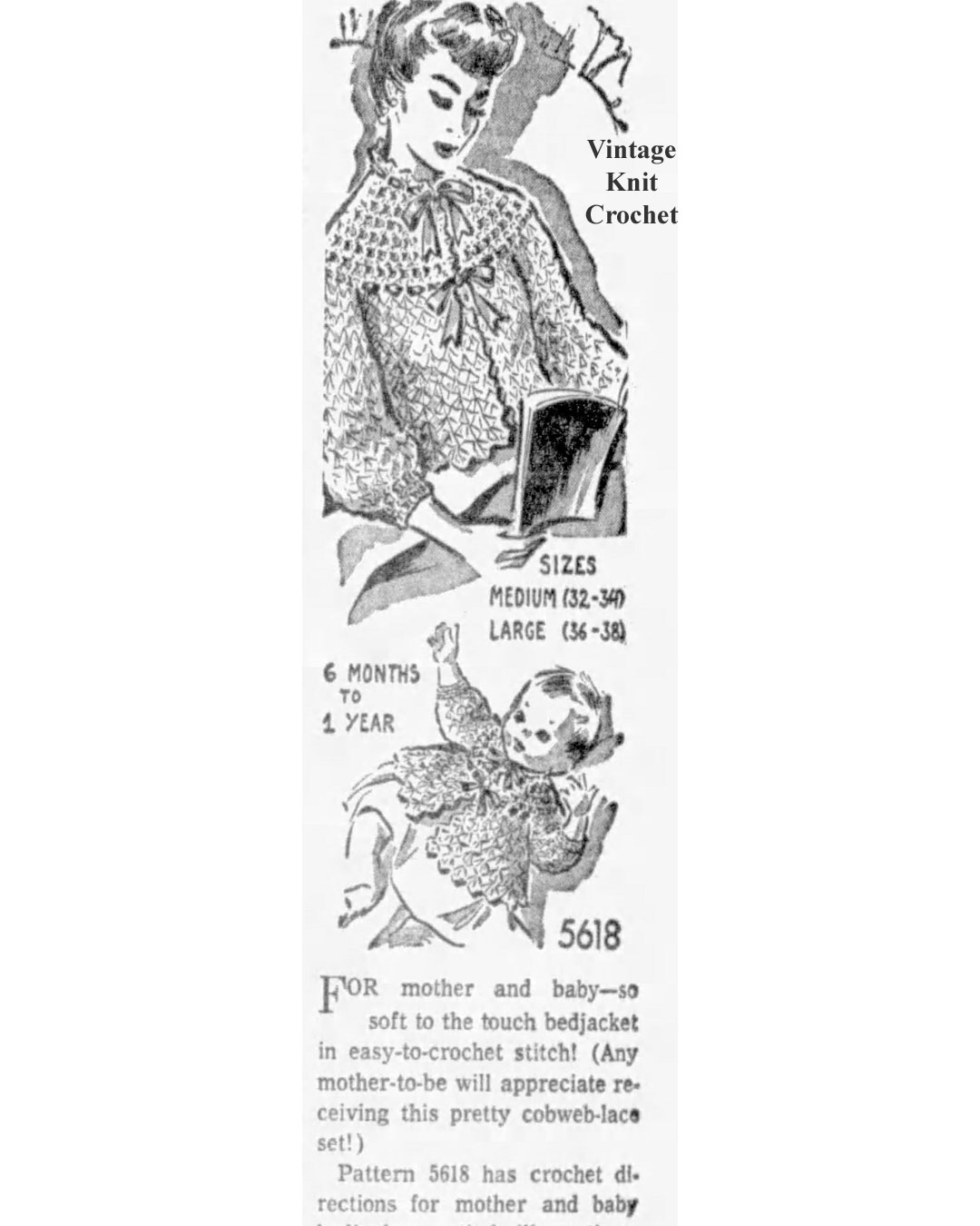 Anne Cabot Pattern no 5618 Newspaper Advertisement, Crochet Mother Baby Bedjackets.