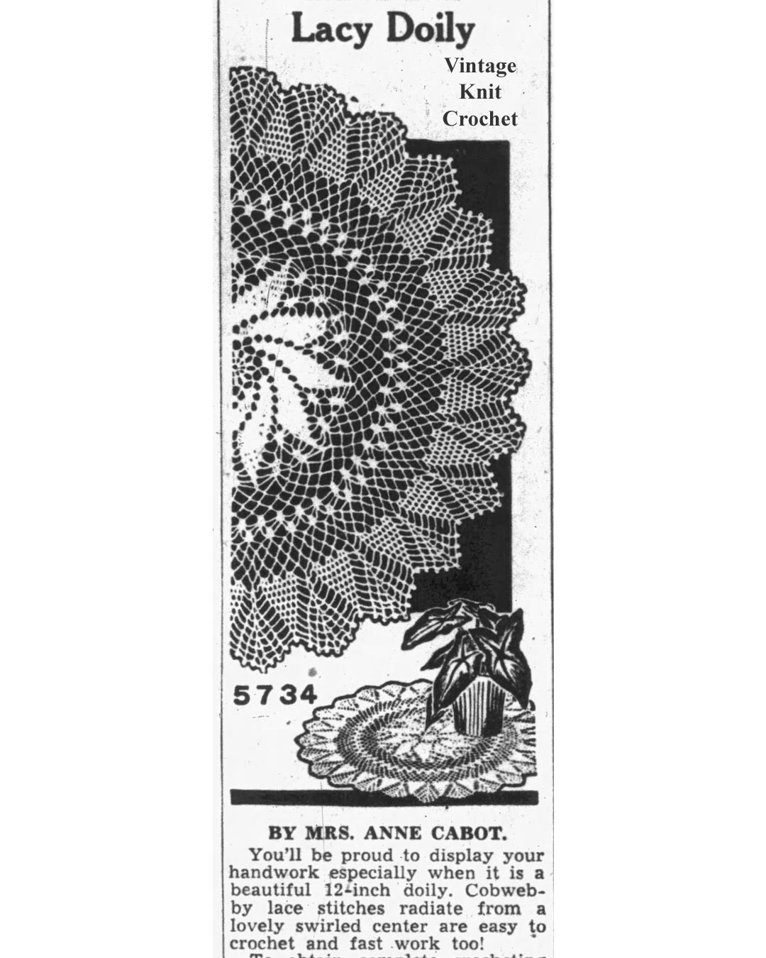 Crocheted Pinwheel Doily Pattern Newspaper Advertisement for Anne Cabot 5734