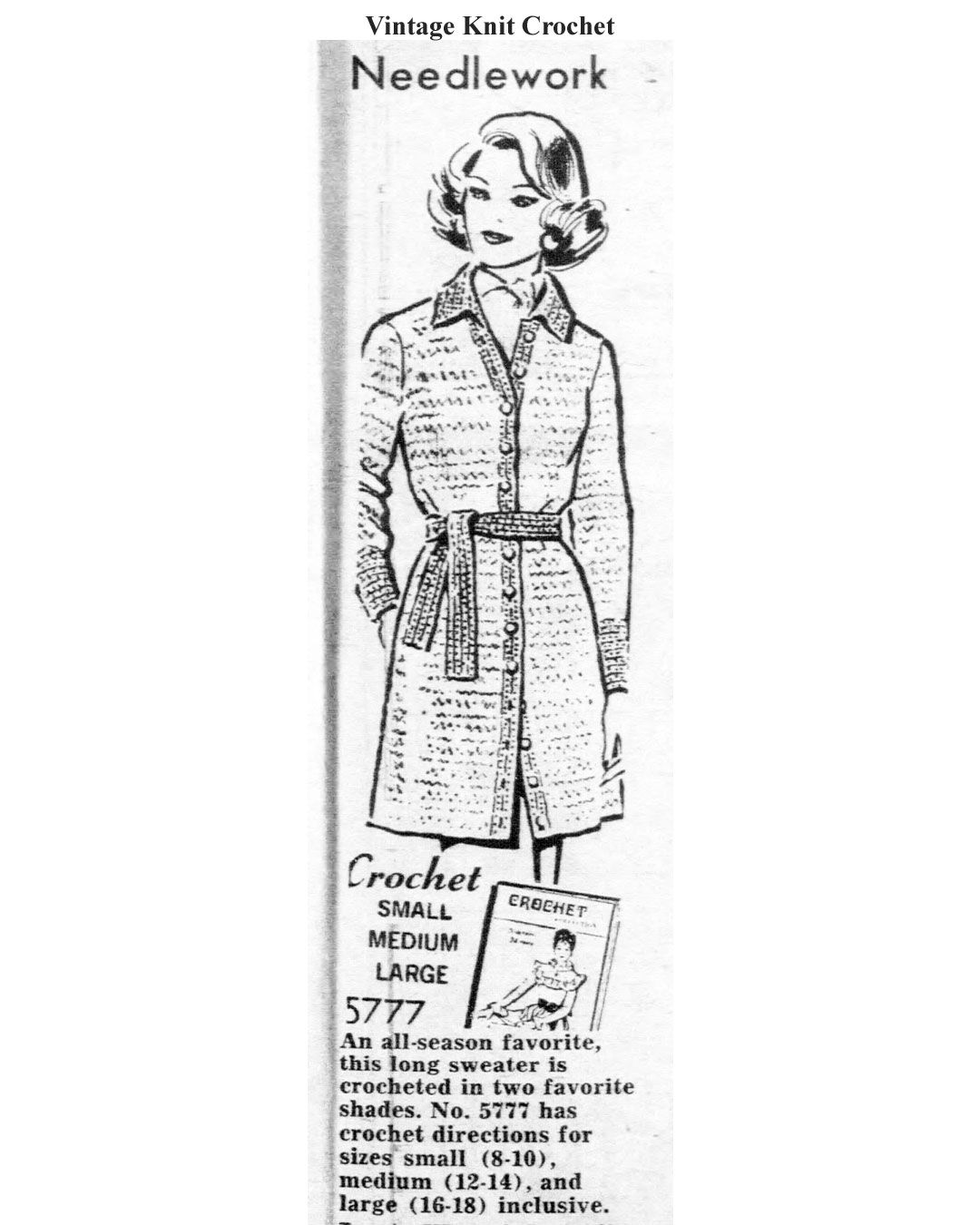 Beginner Coat Crochet Pattern Anne Cabot No 5777 Newspaper Advertisement 