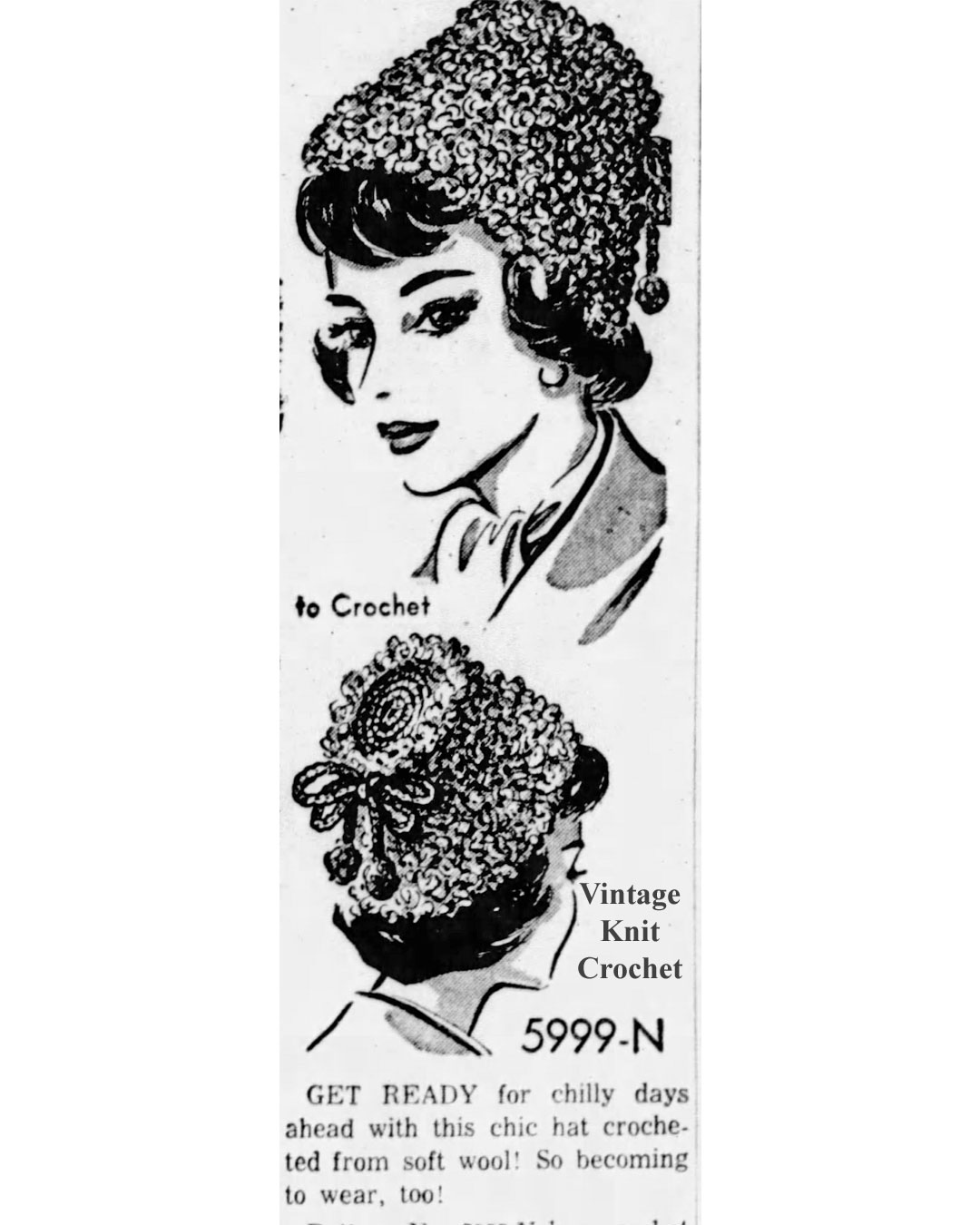 Karakurl Hat Crochet Pattern Newspaper Advertisement for Anne Cabot 5999