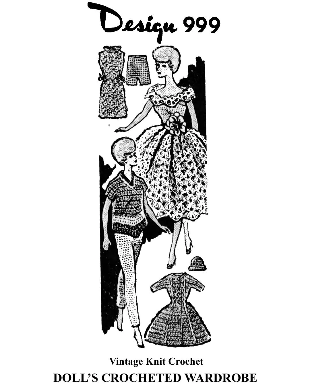 Crochet Barbie Doll dress, pants and top pattern Design 999