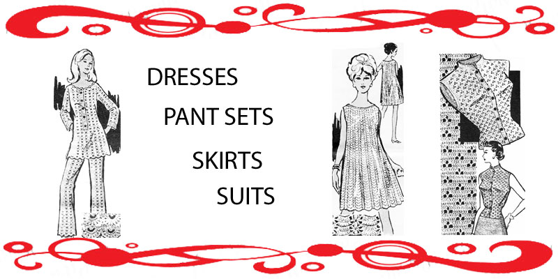 Crochet Skirts, Dresses, Suits and Pant Short Sets from Alice Brooks, Anne Cabot, Laura Wheeler, Mail Order Designs 