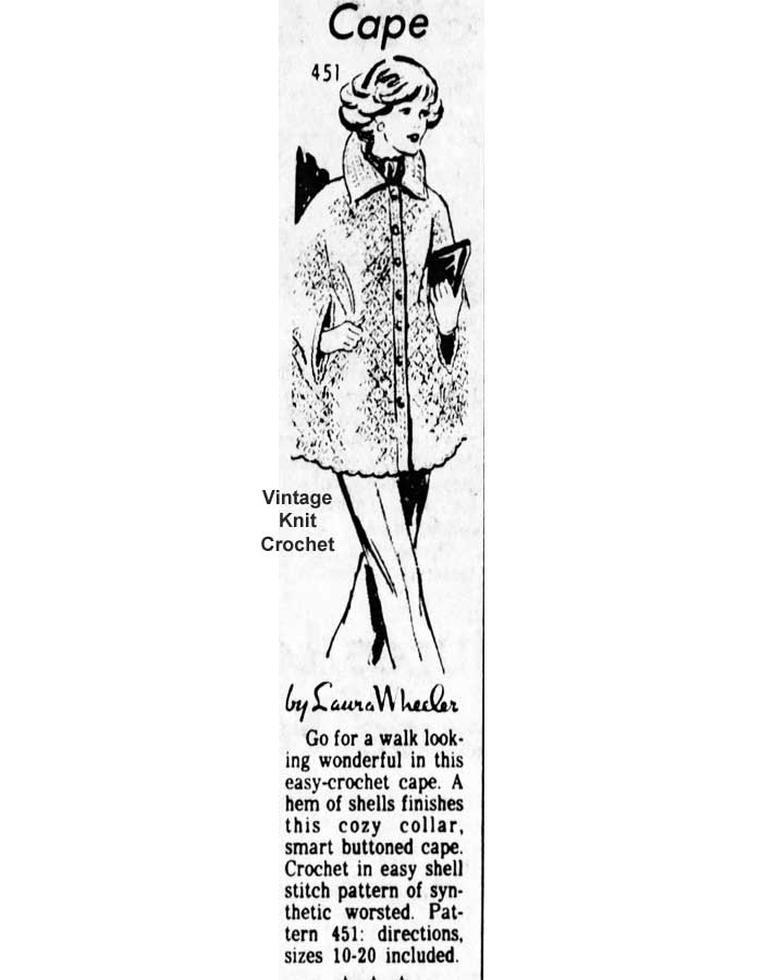 Crochet Cape Pattern Newspaper Advertisement for Mail Order Design 451.