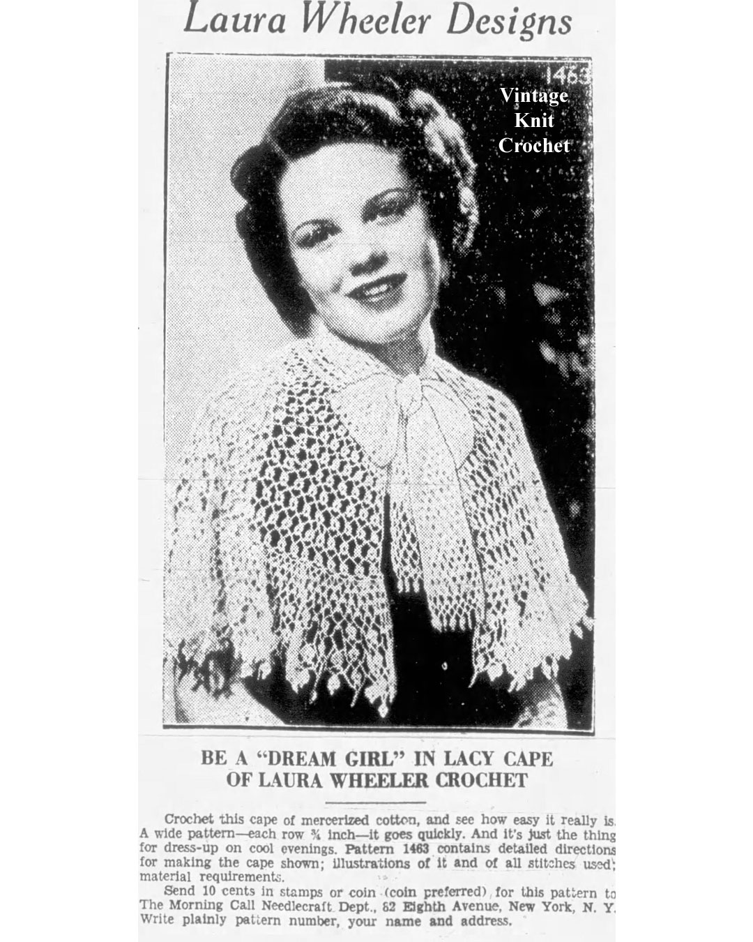 Vintage crochet evening cape pattern laura wheeler design 1463 newspaper advertisement.