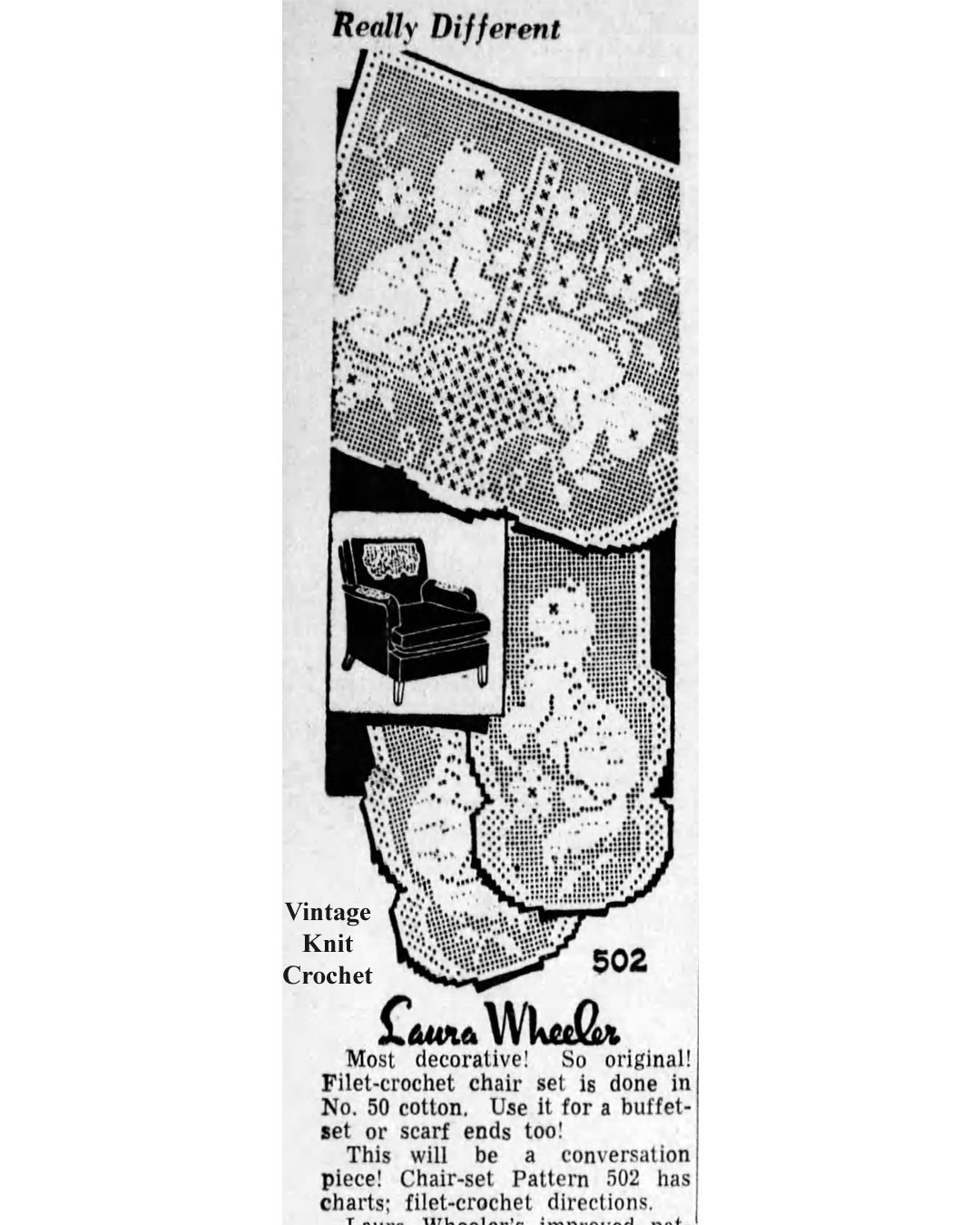 Filet crocheted kittens in basket pattern laura wheeler design 502 newspaper advertisement 