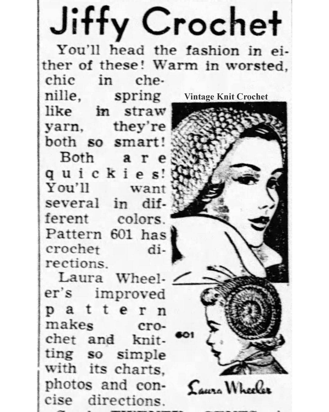 Crochet Chenille Cloche Hat Pattern Design 601 Newspaper Advertisement