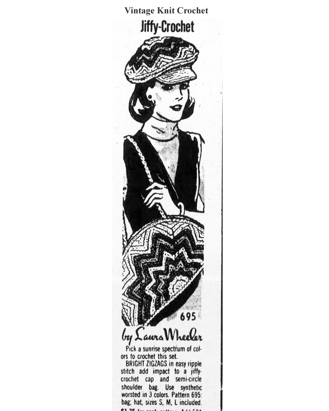 Design 695, Crochet Hat Bag Newspaper Advertisement, Laura Wheeler 