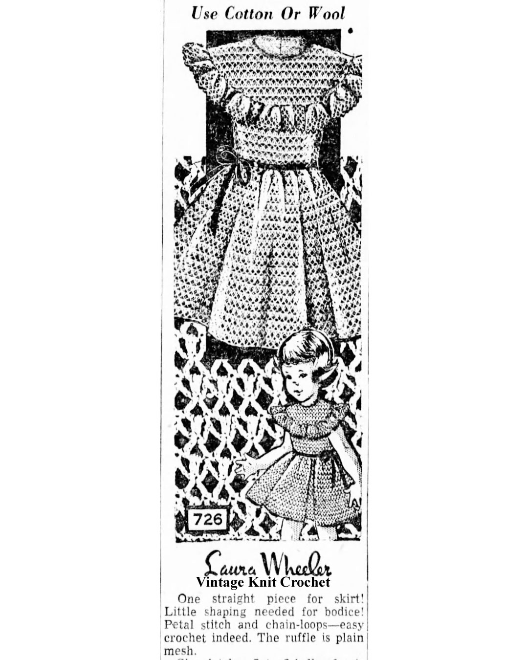 Girls Crochet Party Dress Pattern, Design 726 Newspaper Advertisment