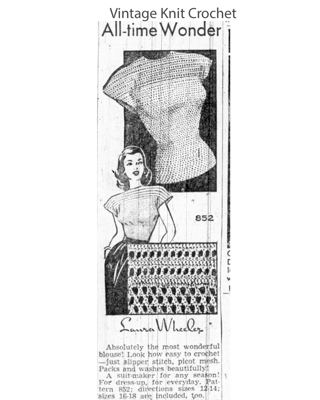 Crochet Yoked Blouse Newspaper Advertisement for Laura Wheeler Design 852.