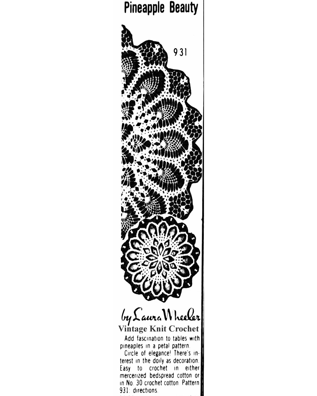 Crochet Pineapple Doilies Design 931 Newspaper Advertisement 