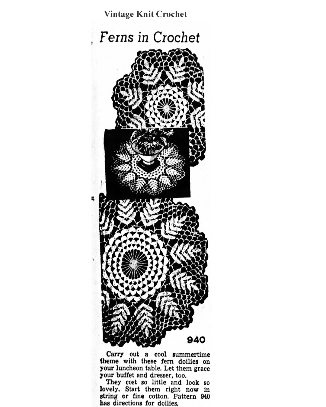 Crochet Fern Doilies Design 940 Newspaper Advertisement 1945