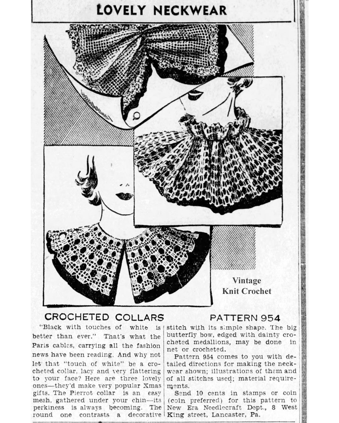 Vintage Crochet Bowtie Pierrot collars newspaper advertisement for Laura wheeler 954