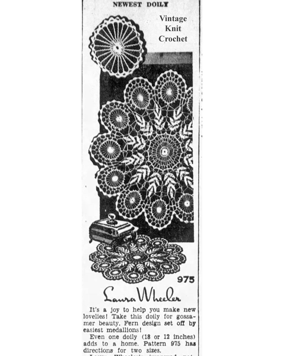 Design 975 Crochet Doily featured in Laura wheeler 1962 Designs catalog