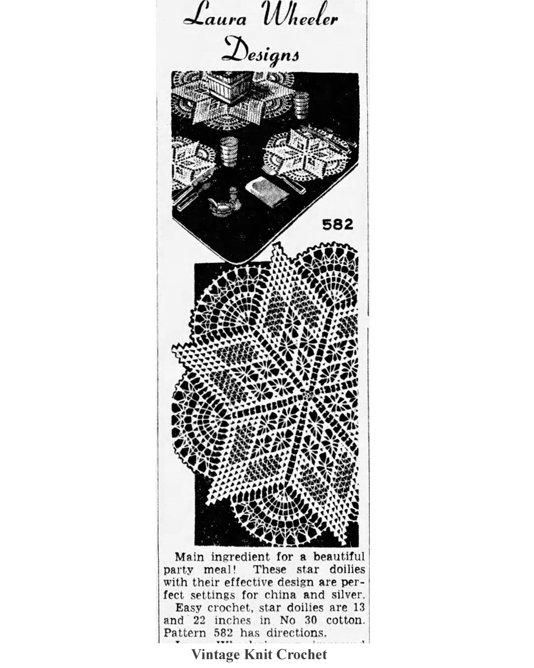 Vintage Crochet Star Doilies Design 582 Newspaper Advertisement 