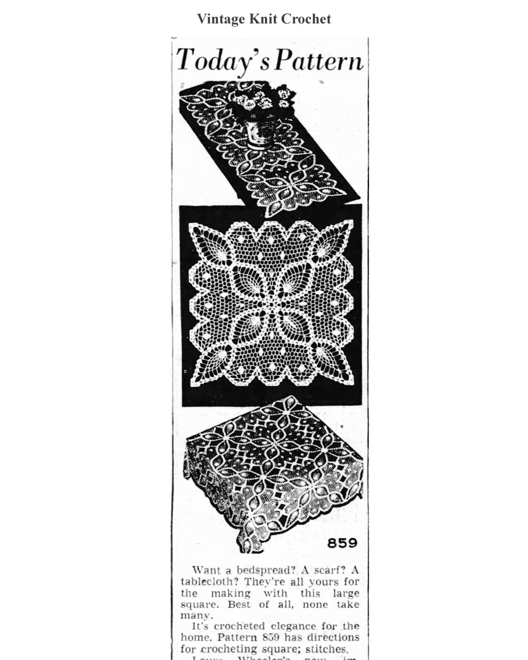 Crochet Pineapple Square Newspaper Advertisement for Laura Wheeler Design 859