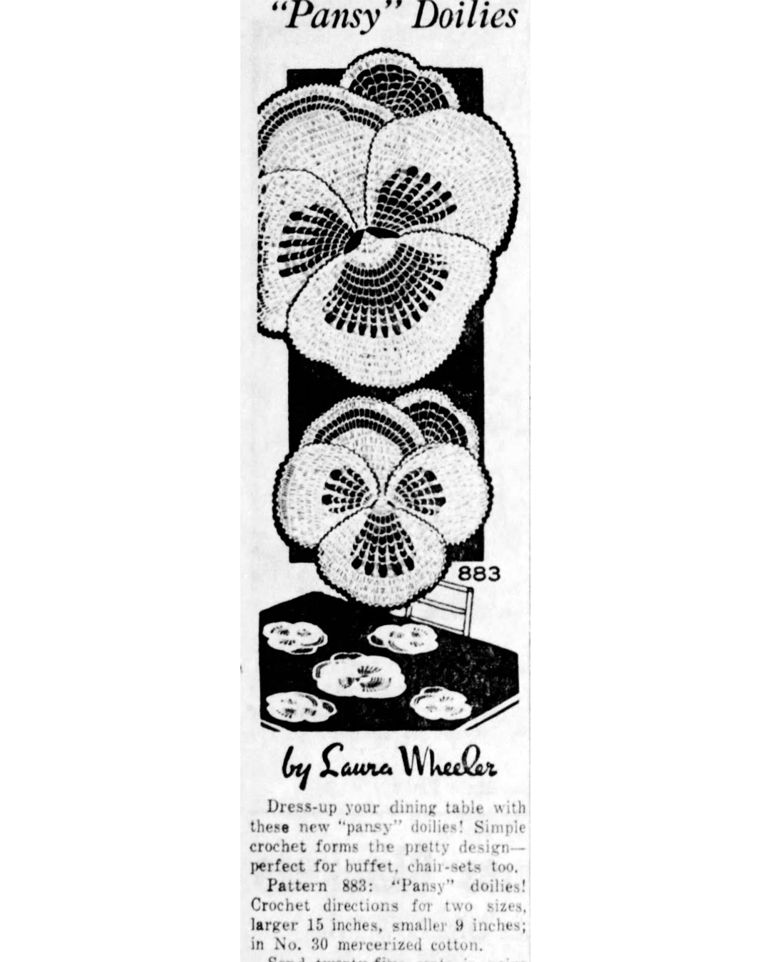 Crochet Pansy Doily Newspaper Advertisement for Laura Wheeler Design 883