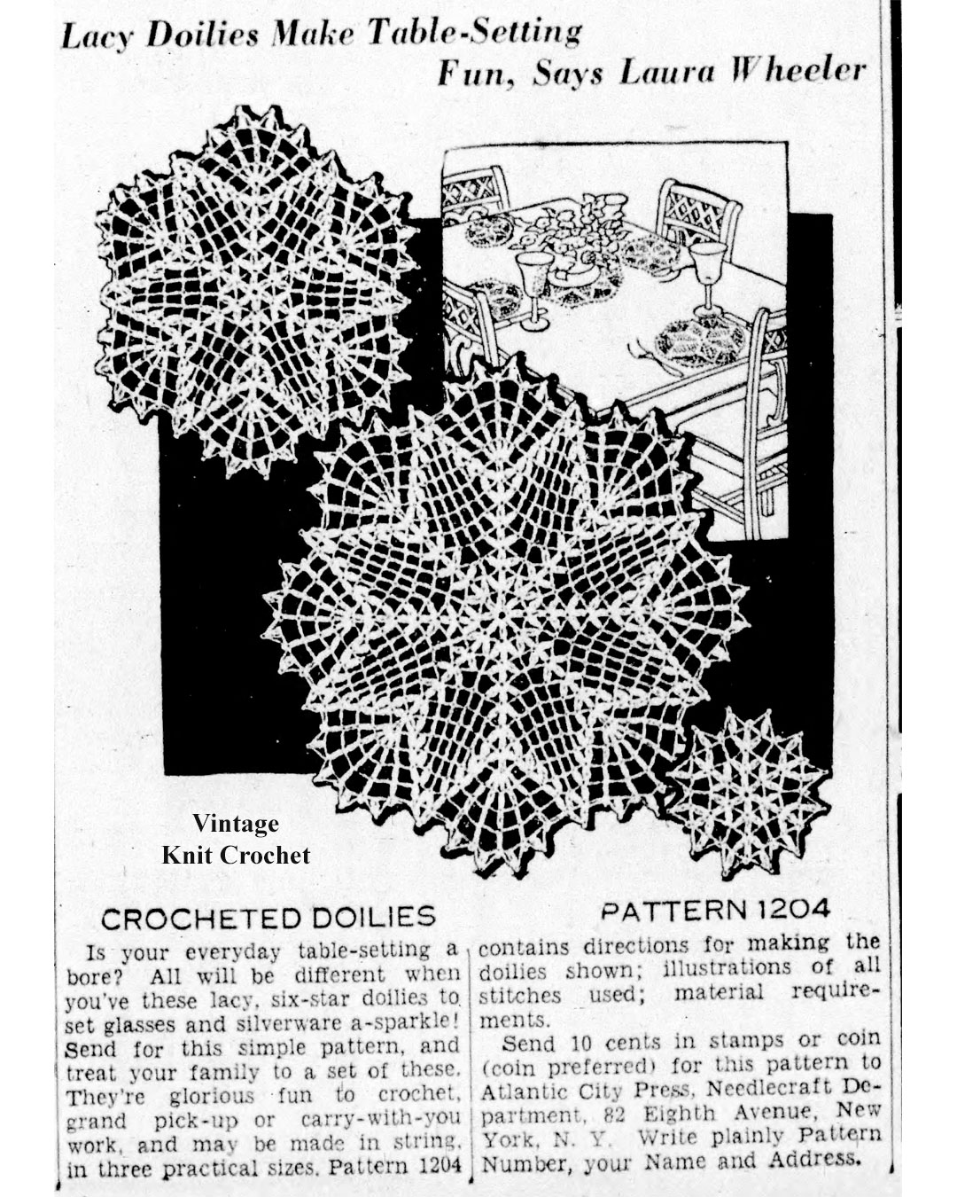 Crochet Star Doily Luncheon Set Laura Wheeler Design 1204 Newspaper Advertisement .