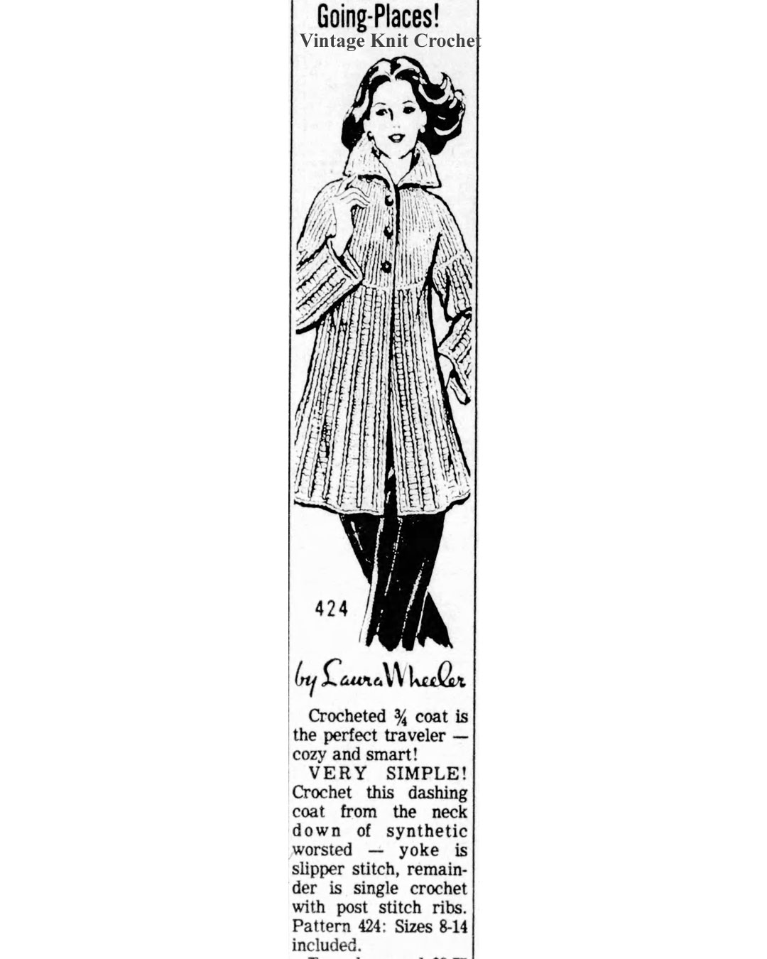 Crochet Knee Length Coat Newspaper Advertisement for Laura wheeler Design 424