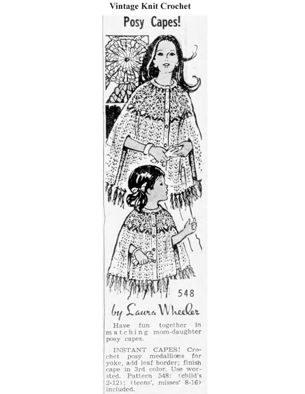 Posy Medallion Crochet Capes Newspaper Advertisement for Laura Wheeler Mail Order Design 548