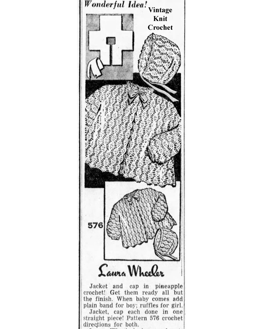 Crochet Baby Jacket Cap Pattern Newspaper Advertisement,  Laura Wheeler Design 576