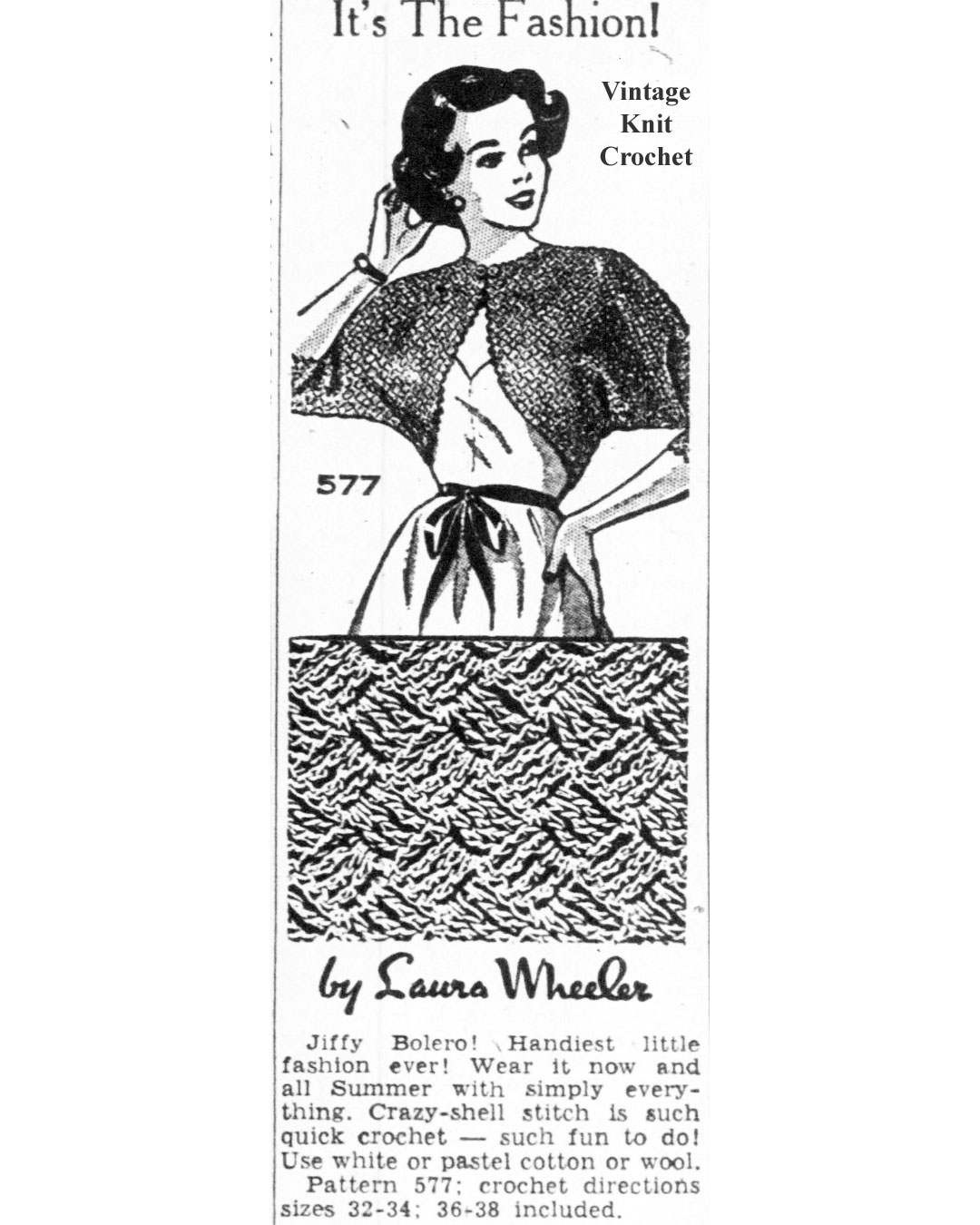 Laura Wheeler Mail Order Design 577, Crochet Bolero Pattern Newspaper Advertisement 