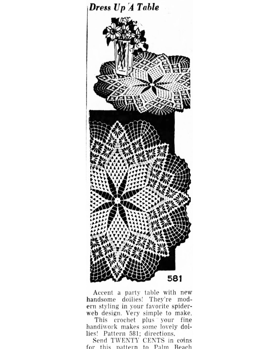 Design 581 Newspaper Advertisements, Crochet Spiderweb Doilies 