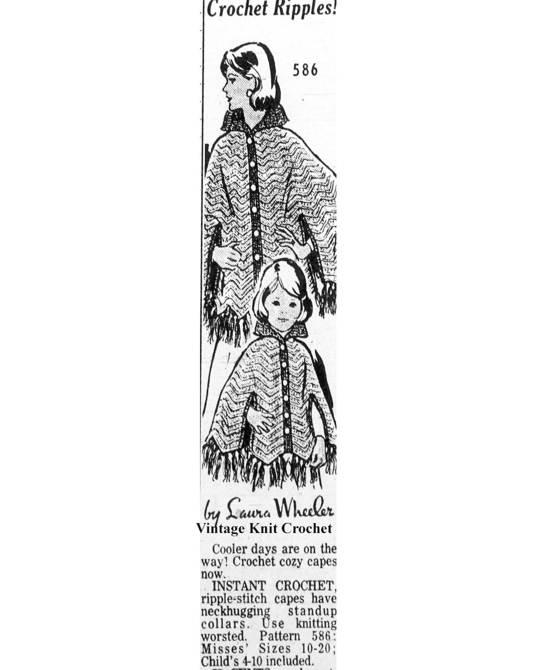 Crochet Ripple Capes Pattern Newspaper Advertisement, Mail Order Design 586.