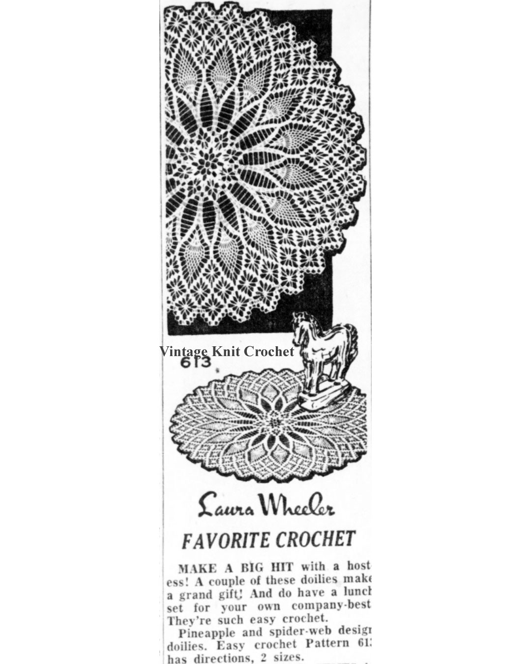 Laura Wheeler Design 613 Newspaper Advertisement, Crochet Spiderweb Doilies.