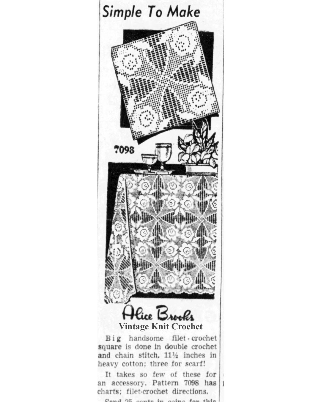 Filet Crochet Tablecloth Square Pattern Newspaper Advertisement for Alice Brooks 7098