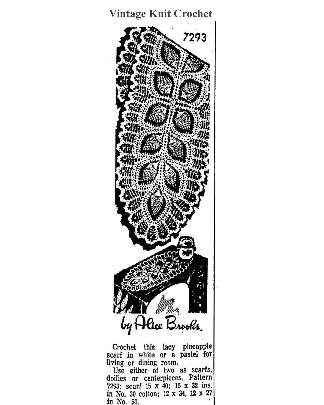 Vintage Pineapple Crochet Runner Pattern Design 7293 Newspaper Advertisement 