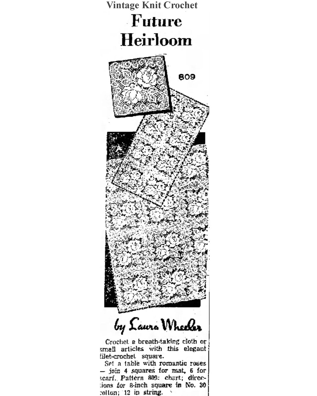 Filet Crochet Square Newspaper Advertisement for Laura wheeler Design 809