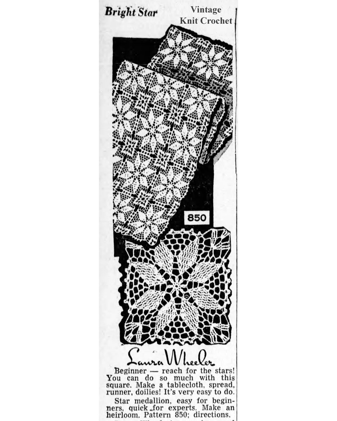 Laura Wheeler Crochet Star Square Newspaper Advertisement, Mail Order Design 850.