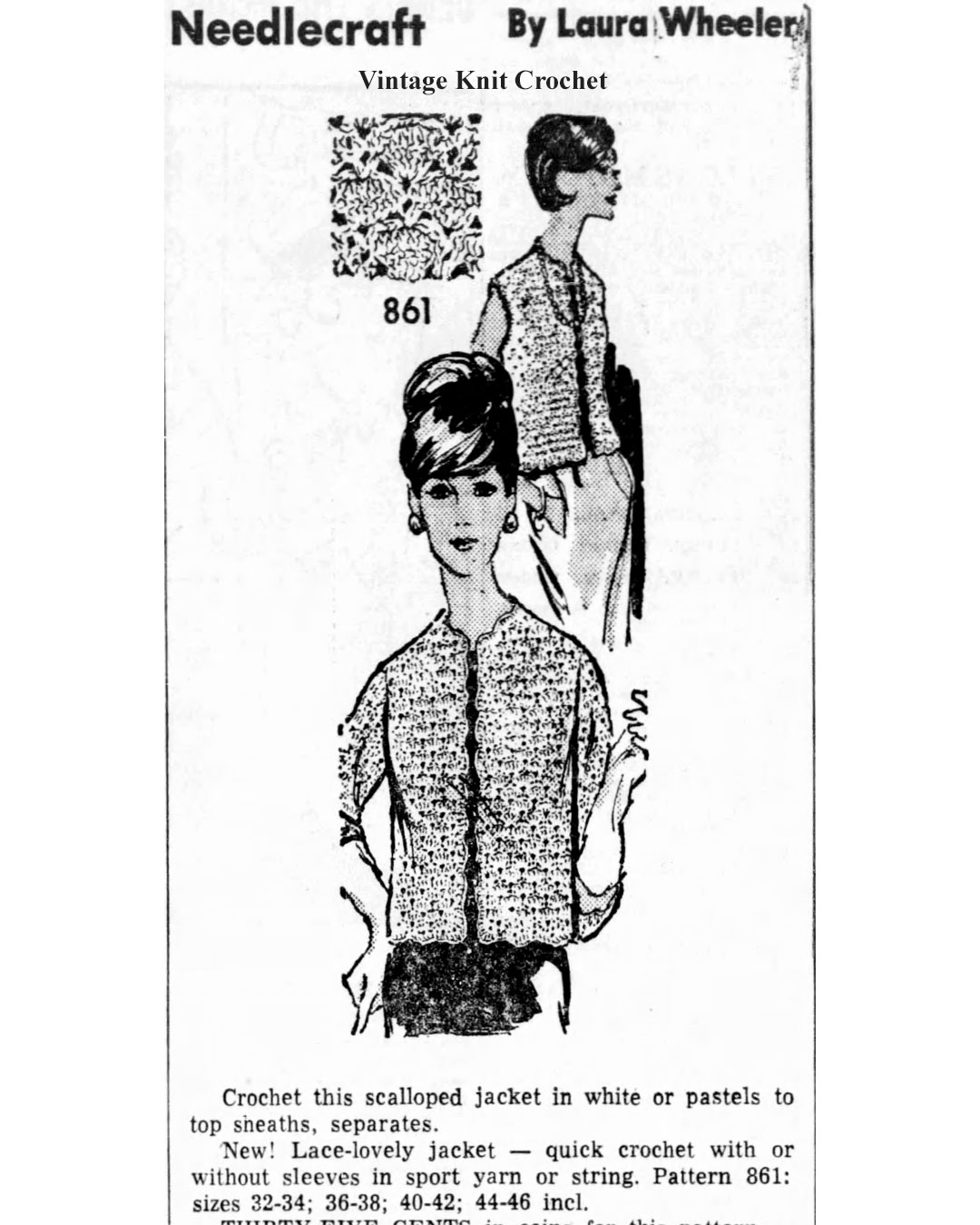 Crochet Shell Stitch Jacket Pattern Newspaper Adertisement or Laura wheeler Design 861.