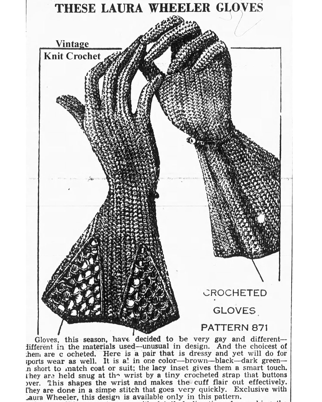 Vintage Crochet Gloves Newspaper Patterns for 1930s Laura Wheeler Design 871