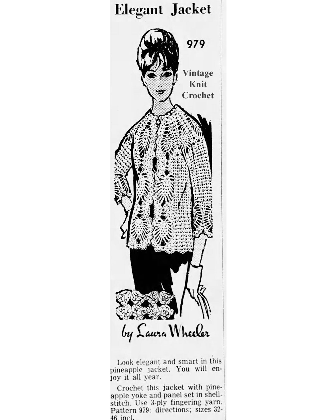 Womans Crochet Pineapple Jacket Pattern newspaper Advertisement for laura Wheeler Design 979.