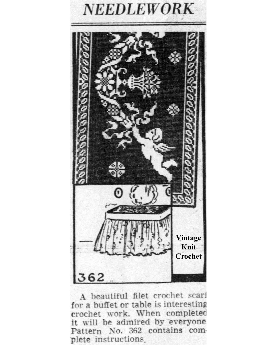 Filet Crochet Cherub Pattern Newspaper Advertisement for Mail Order Design No 362.