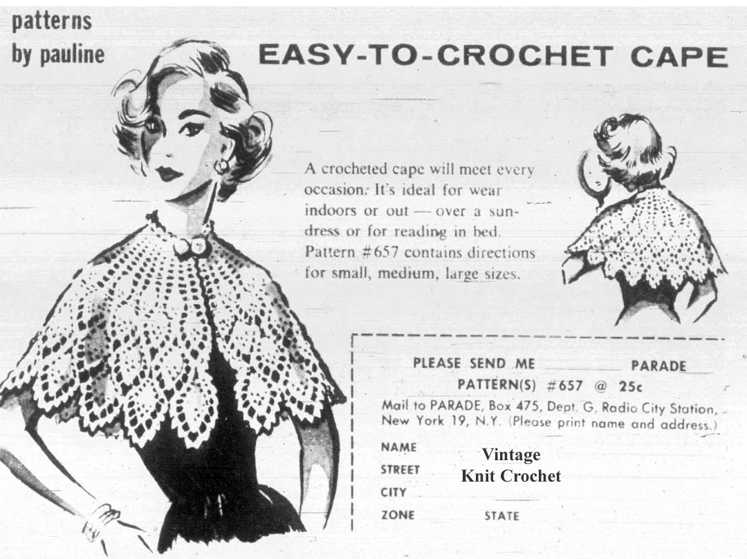 Crochet pineapple capelet Parade No 657 Newspaper Advertisement 