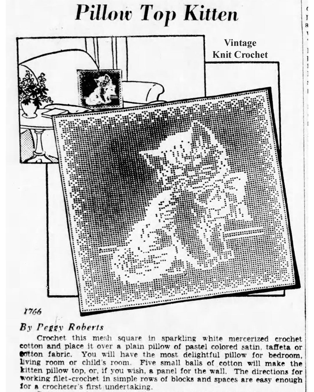 Kitten Filet Crochet Pillow Pattern Newspaper Advertisement, Peggy Roberts 1766