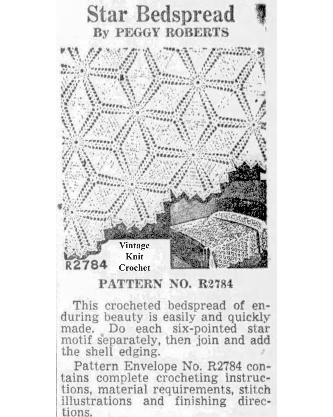 Crochet Star Motif For Bedspread Pattern No R2784 Newspaper Advertisement 