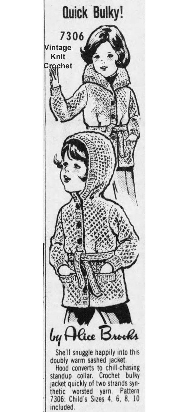 Girls Crochet Jacket Pattern, Mail Order Design 7306 Newspaper Advertisement 