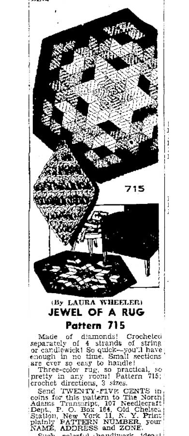 Crochet Geometric rug pattern, Laura wheeler 1962 Catalog Page