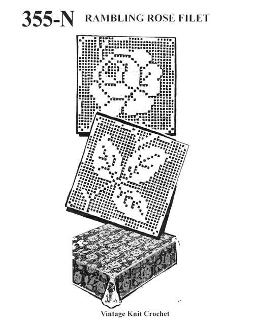 Filet Crochet Two Roses Two Filet Crochet Squares Pattern, Rose and Leaf Motif, Mail Order No 355-N