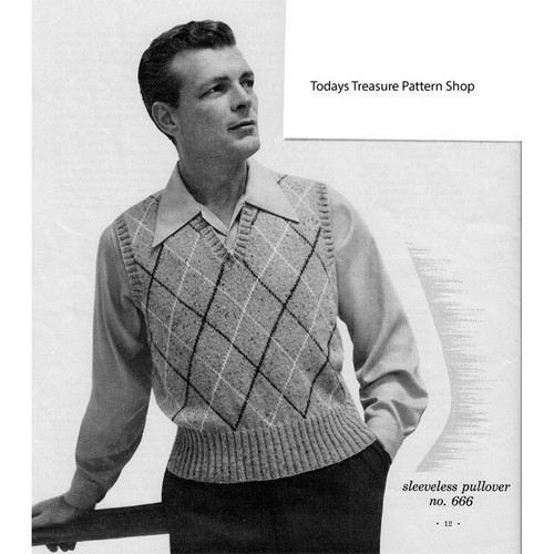 Mans Sleeveless Knitted Pullover Pattern in Argyle Motif