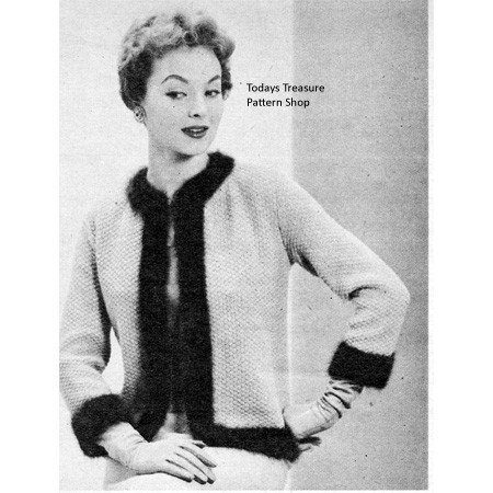 Knitting Pattern Angora Trim Cardigan - Vintage Knit Crochet Pattern Shop