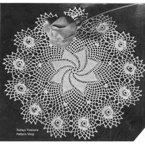 Crocheted Pinwheel Doily pattern, Rose Border