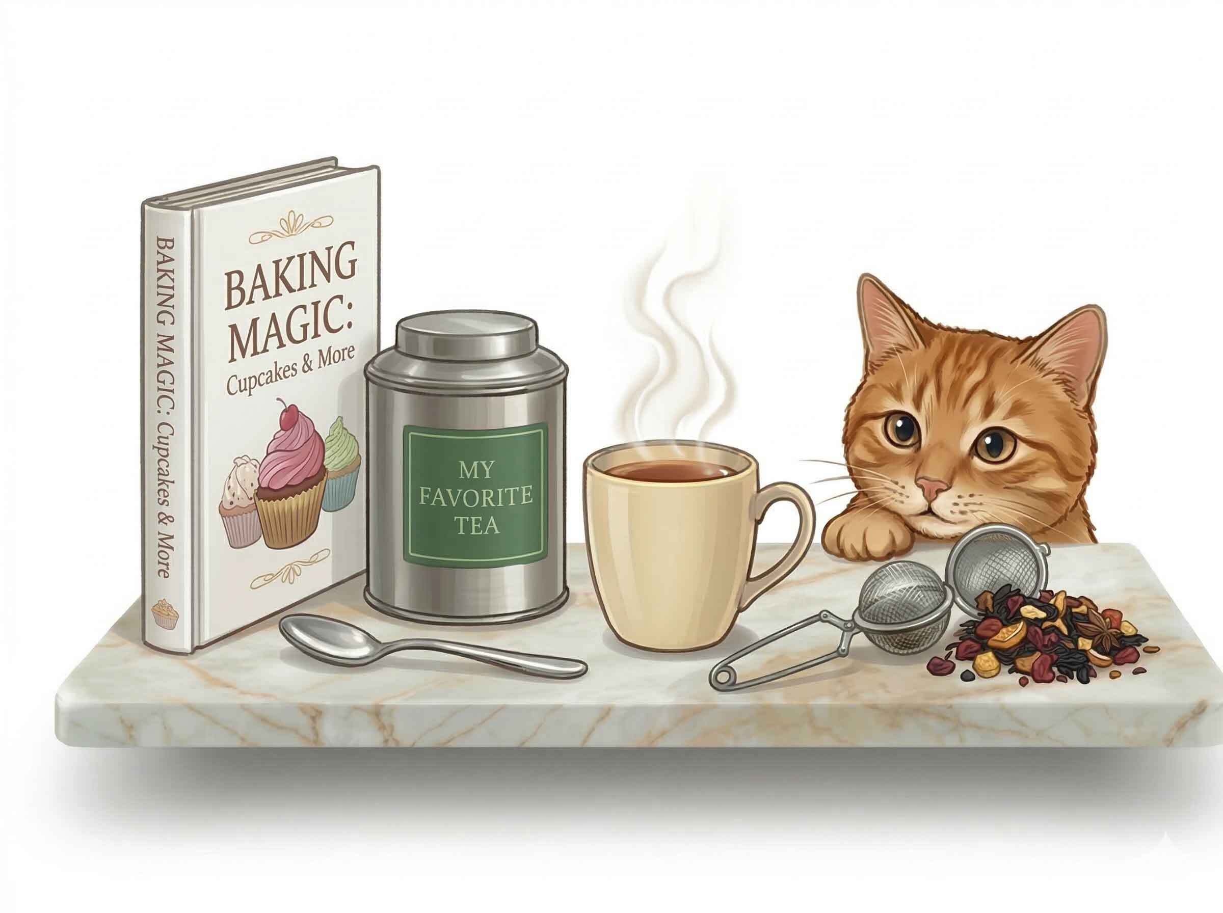 Colour sketch of a cozy home kitchen counter with a tea mug, recipe book, and a ginger cat peeking over the edge, representing Jenier bulk teas for home use.