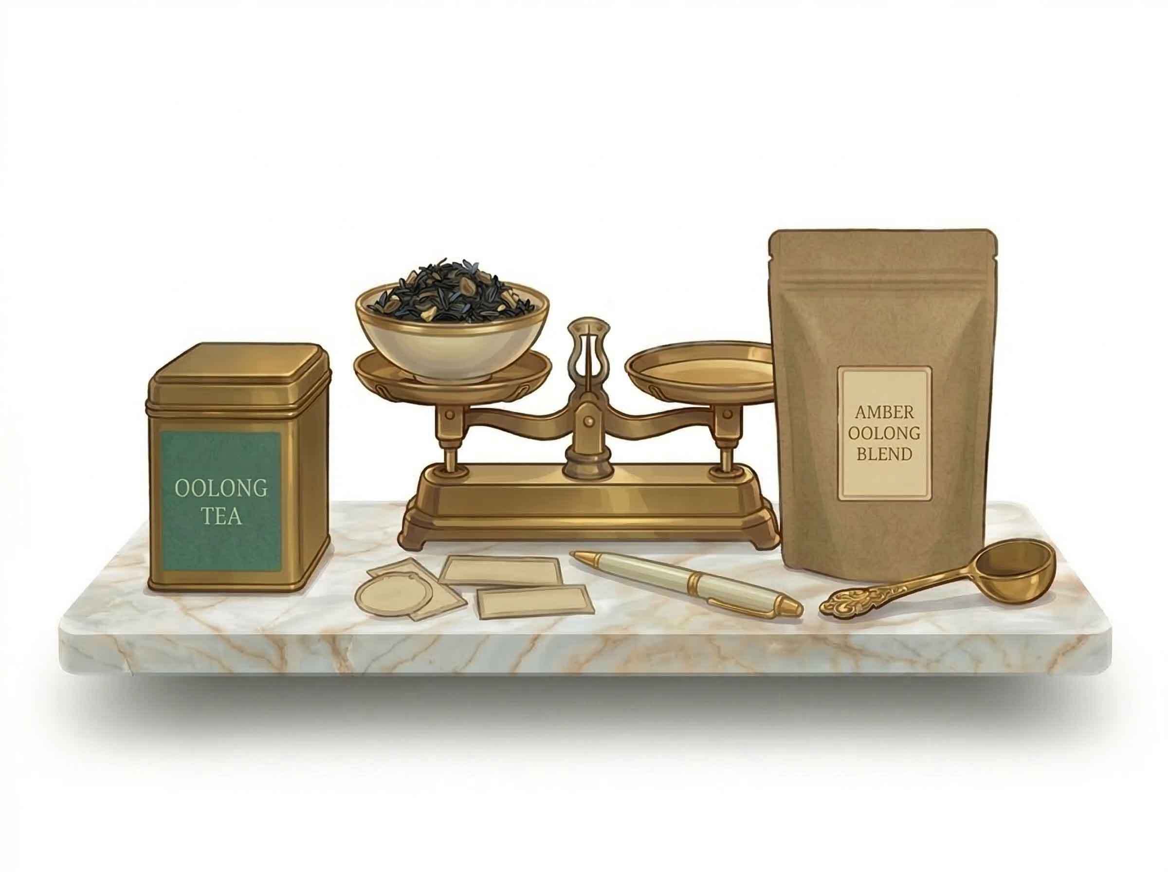 Colour sketch of tea weighing scales, a kraft pouch, and blank labels on a marble desk, illustrating Jenier private label and white-label tea services.