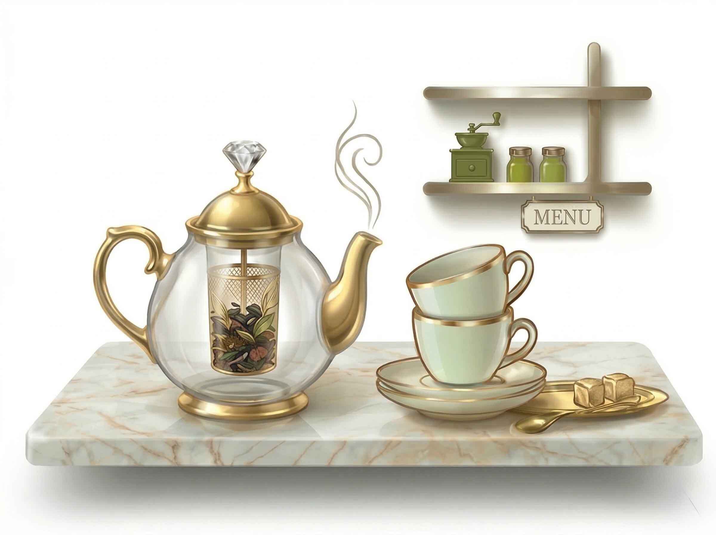 Colour sketch of a glass infuser teapot and stacked cups on a marble counter, representing Jenier loose-leaf tea for cafes and hospitality.
