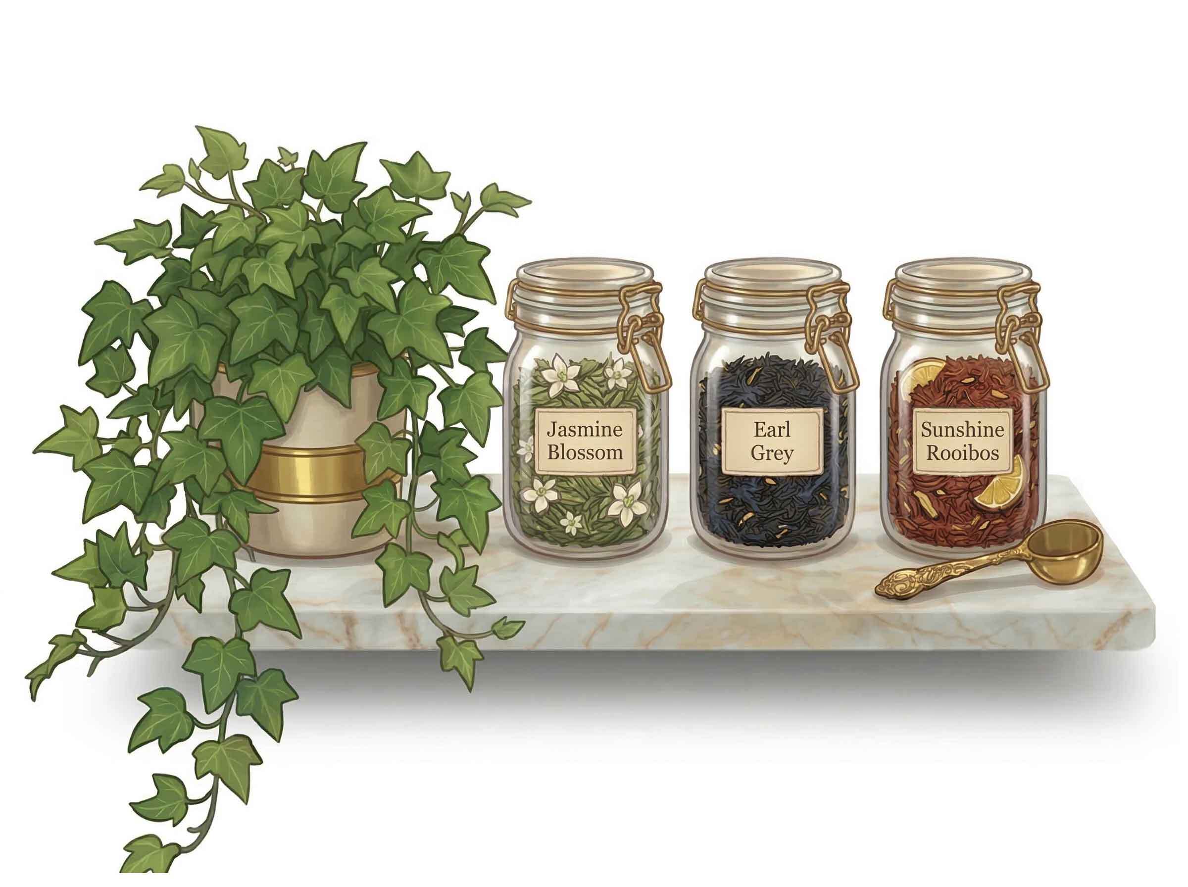 Colour sketch of Jenier retail tea display jars, an ivy plant, and a tea scoop on a marble shelf for zero-waste stores and delicatessens.