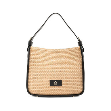 Raffia and genuine leather bag with adjustable shoulder strap